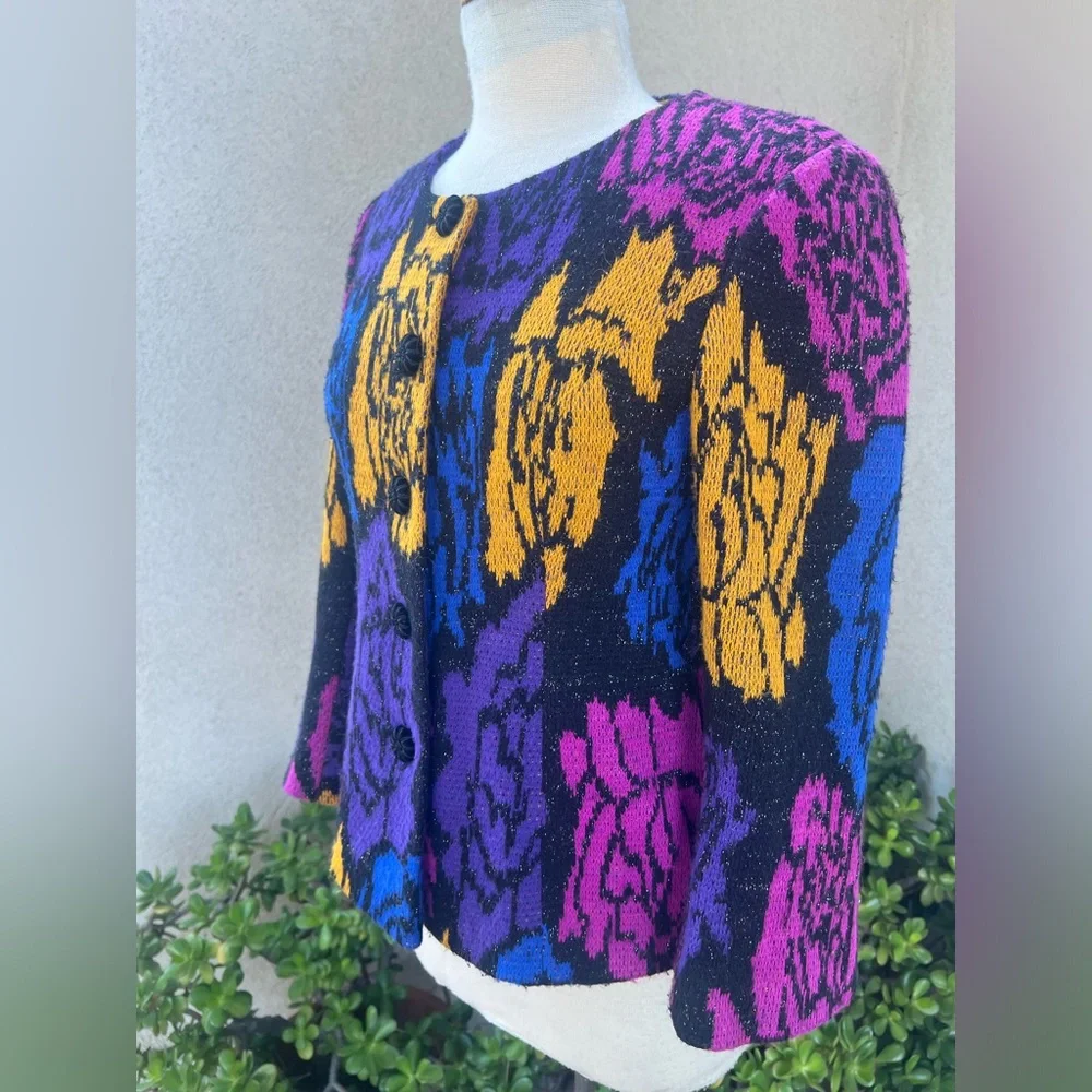 Vintage 80s knit New Wave cardigan sweater lined neon colors Sz M - Picture 7 of 12